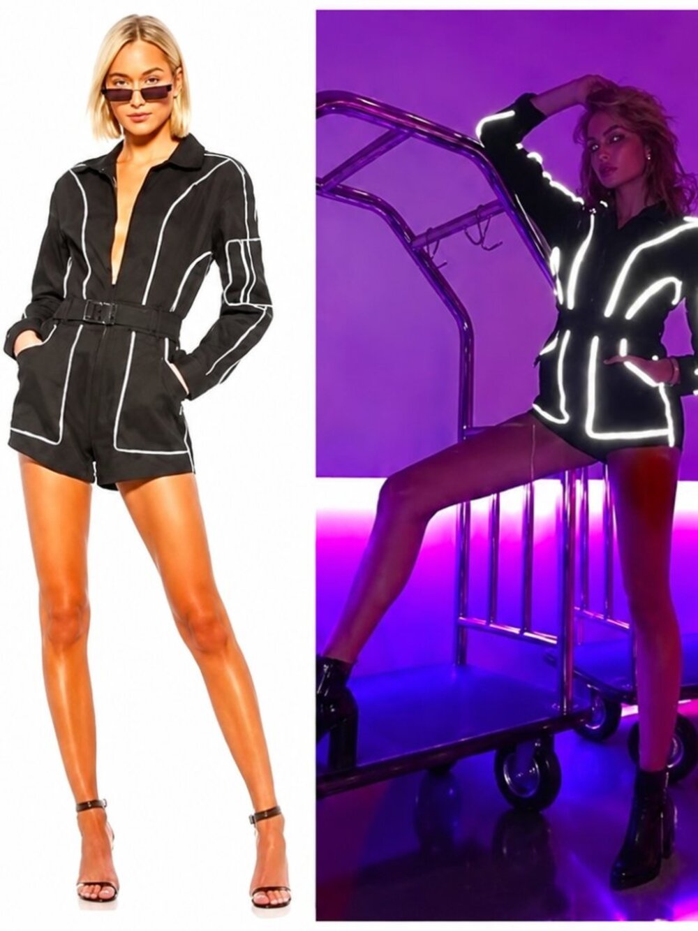💥KILLER DESING💥Long Sleeve Belted Stretchy Denim Romper In Black Reflective